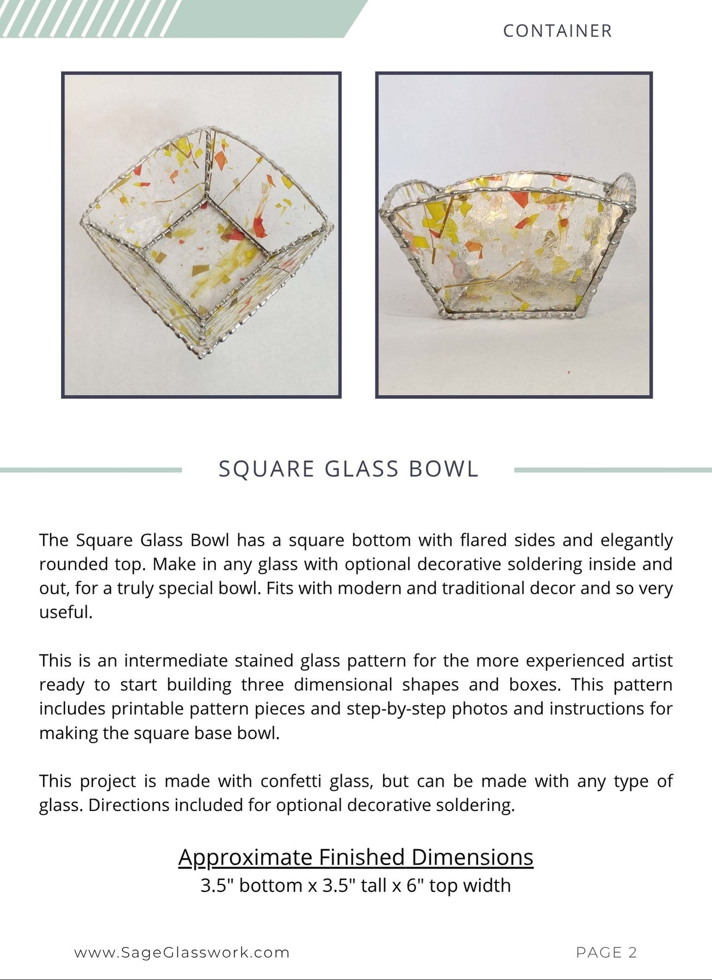 Square Glass Bowl stained glass TUTORIAL pattern