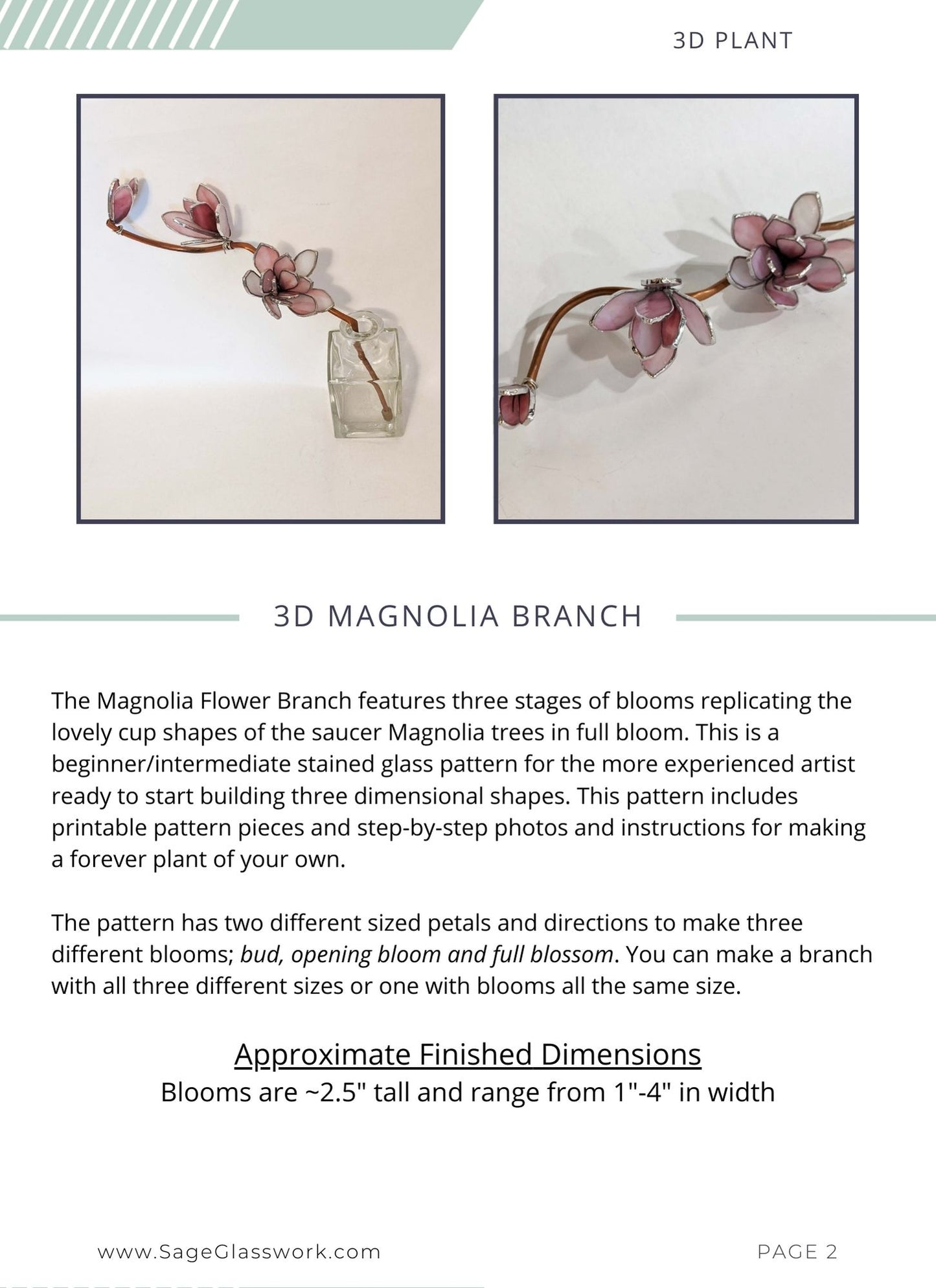 3D Magnolia Flower Branch stained glass pattern and TUTORIAL